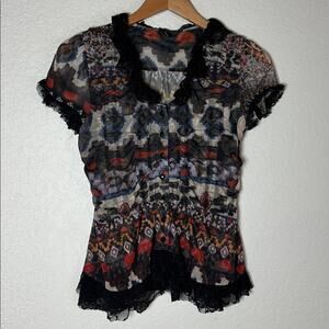 Y2K Goth Black Lace Top Sheer Patterned Red Double Layer Lace Button Up Large